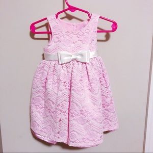 Pink lace toddler dress with ivory bow sz 12 mo.